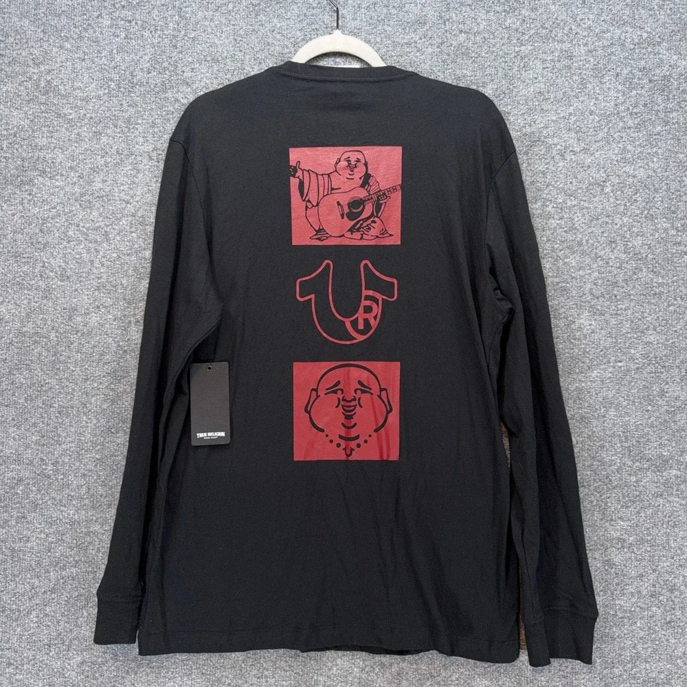 True Religion Shirt Mens Medium Black Red Buddha Logo Graphic Long Sleeve New